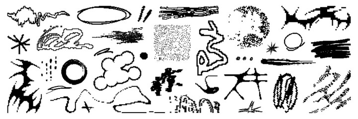 Graphic pixel shape asset pack. Pixelated and bitmap abstract geometric figures in vector for design template, poster, sticker. Trendy elements isolated on white background