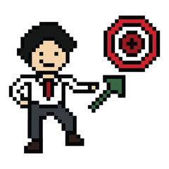Obraz premium Cartoon cute pixel cartoon 8bit character business man businessman smart work game for decoration business 8 bit male career smart character game png vector.