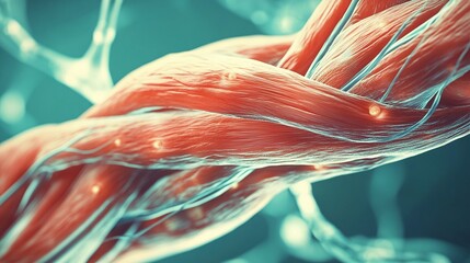 anatomy and muscle fibers in biology tissue with cells and injury recovery for strength and performance.






