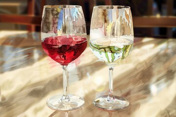 Naklejka premium Two glasses of wine placed on a table, perfect for a dinner party or special occasion