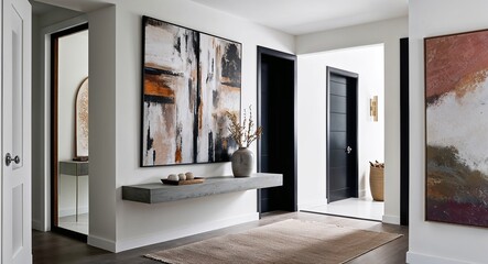 Entryways with floating console tables and large abstract art pieces