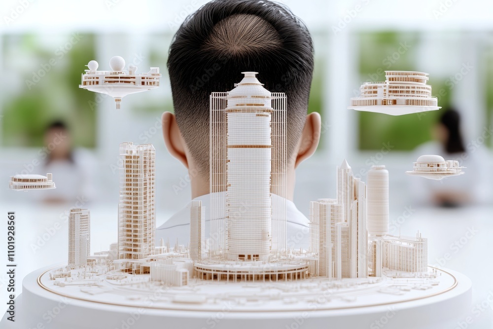 Poster a detailed digital illustration of an architect surrounded by floating 3d models of futuristic build