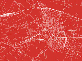Christmas Map of Zamosc, Poland in Snowy White on Festive Red Background.