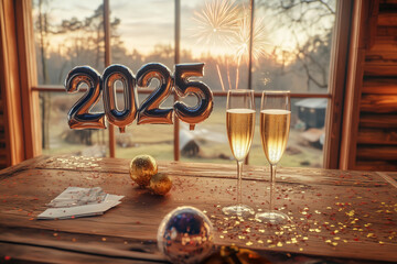 A realistic New Year's Eve scene. A wooden table with four large balloons in the shape of &ldquo;2025&rdquo;, fireworks in the sky, two glasses of champagne on the table, Post-New Year's Eve party scene.
