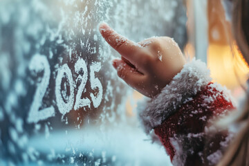 Close-up of a little girl's hand in a coat writing the text &ldquo;2025&rdquo; on a snow-filled window with one finger. Snow is falling, celebration of the new year.