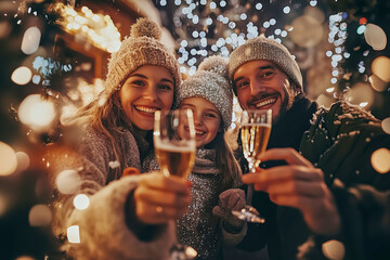 Photo of a group of friends celebrating the New Year at a lavish party surrounded by twinkling lights and confetti, holding champagne. 