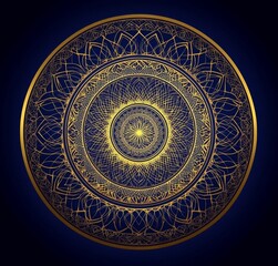 Naklejka premium Art deco line art featuring a hexagon grid pattern in gold and blue colors, set against a decorative seamless background.