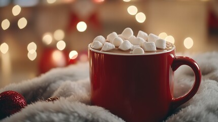 Festive Hot Cocoa with Marshmallows on Cozy Blanket near Christmas Lights