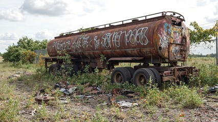 Rusted tanker truck in abandoned field with graffiti metal scraps wildflowers and overgrown fence