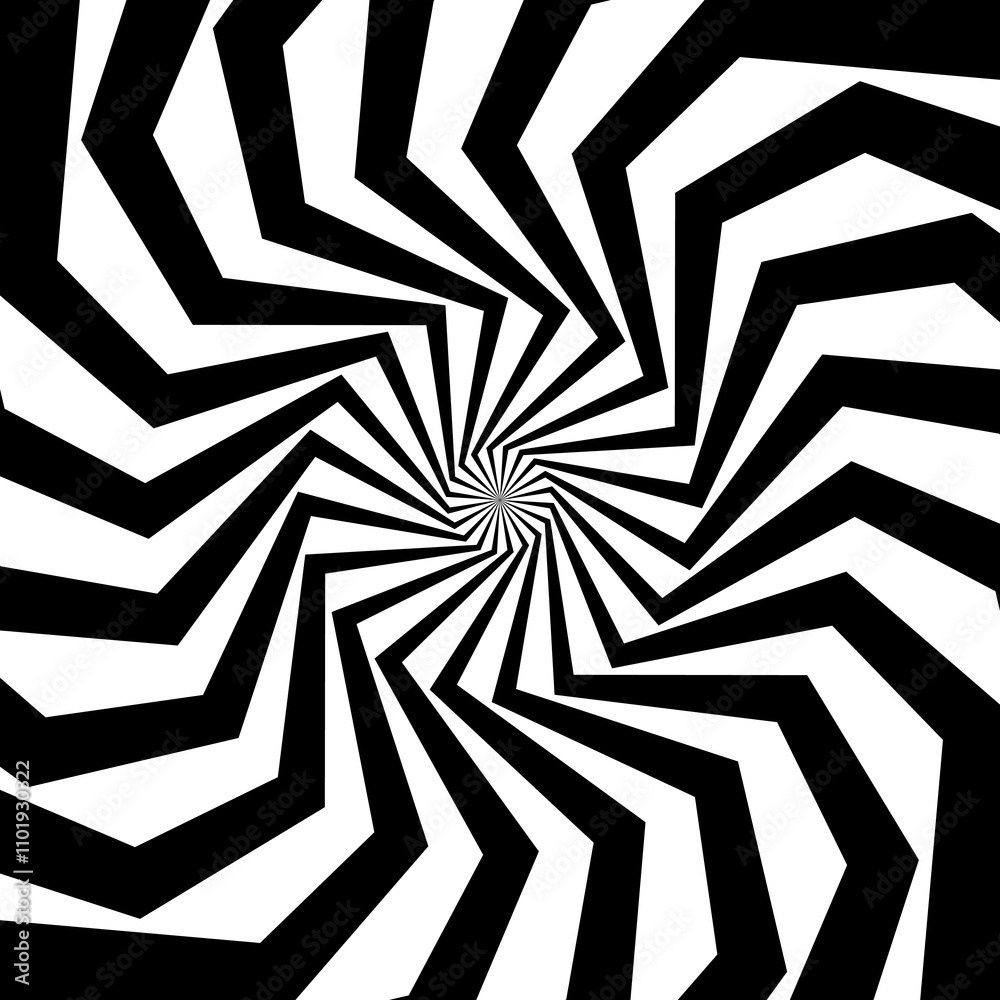 Poster Psychedelic hypnosis swirls of hypnotic spiral pattern in geometric vortex, vector background. Hypnotic tunnel illusion effect with spiral twirls or black geometric line waves in psychedelic pattern