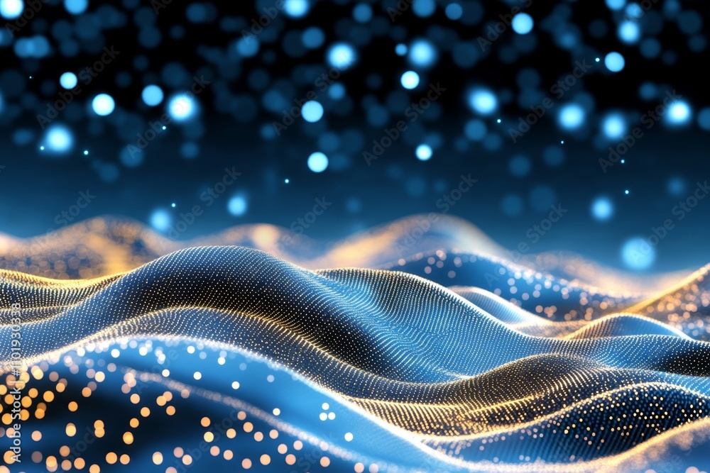 Poster a futuristic aqua background with glowing digital wave patterns and floating light particles, evokin