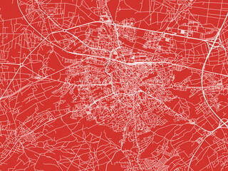 Christmas Map of Zielona Gora, Poland in Snowy White on Festive Red Background.