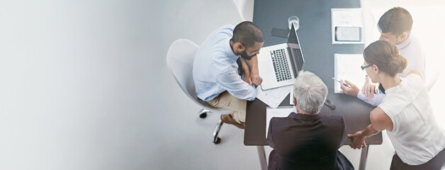 Business people, collaboration and working with laptop, online planning and meeting in office....