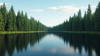 Fototapeta premium Landscape background tranquil lake reflects dense evergreen trees under clear sky, creating serene landscape. calm water enhances peaceful atmosphere of this natural setting