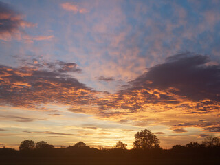 Vibrant sunrise sky featuring a mix of orange, pink, and purple hues, with scattered clouds creating dramatic patterns. Silhouetted trees and a flat horizon are visible at the bottom.