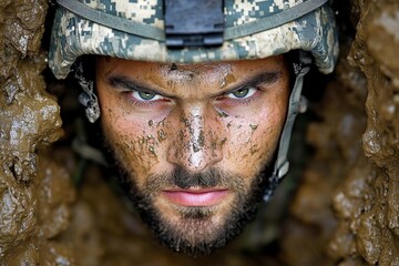 Obraz premium A hyper-realistic portrait of a soldier standing in a battlefield, with dirt, sweat, and a look of intense determination on their face