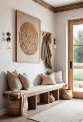 farmhouse, rustic interior home design of modern hall, home, rustic entryway with wooden bench, neutral decor, textured cushion, and abstract art in a warm, welcoming space 