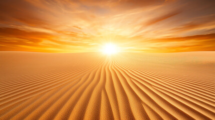 Naklejka premium Landscape background Expansive desert landscape at sunrise with golden sand dunes and vibrant sky, creating serene and tranquil atmosphere