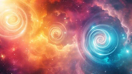 A cosmic scene of swirling galaxies set within a vibrant nebula. The image showcases colorful spirals of gas and dust in a vast universe, blending warm and cool tones.