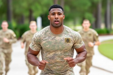 A military training camp with soldiers running an obstacle course under the guidance of drill sergeants