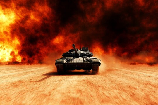 A military tank rolling across a desert battlefield under a blazing sun, with dust clouds rising behind it