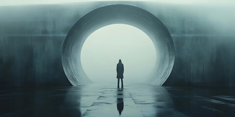 Obraz premium Mysterious black monolith emitting red light towers over an isolated figure in the mist, creating a futuristic and surreal atmosphere