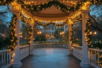Obraz premium Christmas lights glowing on railings of open-air pavilion in Balloween City Square Park at dusk, decorated with wreaths, greenery, and festive garlands, city buildings in background.