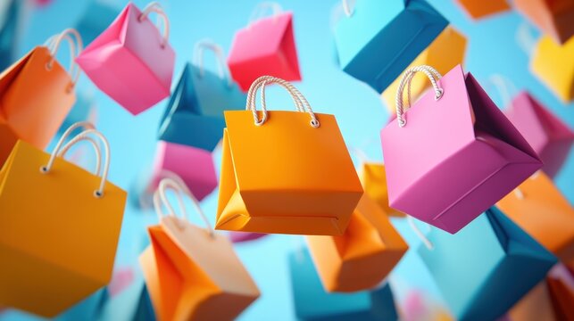 Colorful shopping bags falling on blue background.