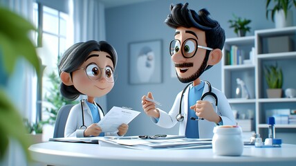 Cartoon style medical consultation scene with two friendly doctors discussing patient records in a bright office setting, showcasing teamwork and care in healthcare.