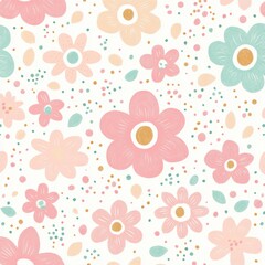 Abstract vibrant spring and summer flowers against a light green backdrop.