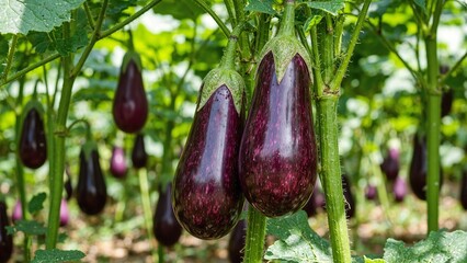Fresh purple eggplants glistening in sunlight on the farm