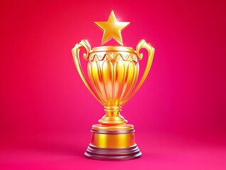 A vibrant golden trophy with a star on top displayed against a radiant red gradient background