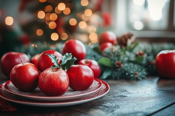 Christmas table setting with red and white color scheme, cozy festive atmosphere for Christmas dinner in a Moscow apartment, decorated with apples and winter touches.