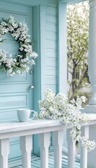 Fototapeta premium A cozy spring porch with a wreath, blooming flowers, and a warm cup of tea on the table
