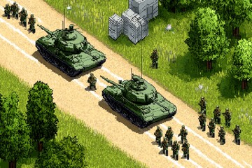 A pixel art depiction of a small squad of soldiers in camo uniforms, marching across a pixelated landscape with tanks and helicopters in the background