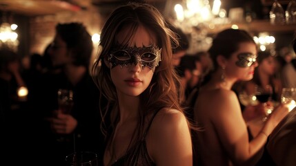 Elegant new year   s eve masquerade ball with formal attire, stunning chandeliers, and stylish masks