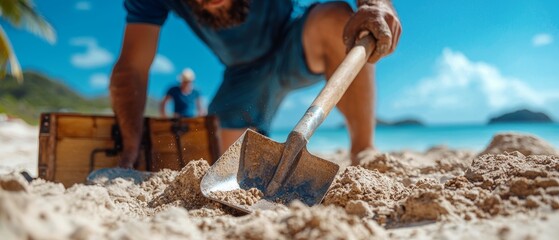 Pirates digging for buried treasure on a sandy beach, with chests and shovels, stock photo style