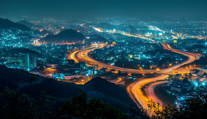 Fototapeta premium Night view of the city, a bird's-eye perspective of many roads crisscrossing each other on high hills, with orange and blue lights