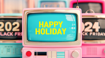 Obraz premium HAPPY HOLIDAY, Vintage Retro pastel TV template, with a blank screen