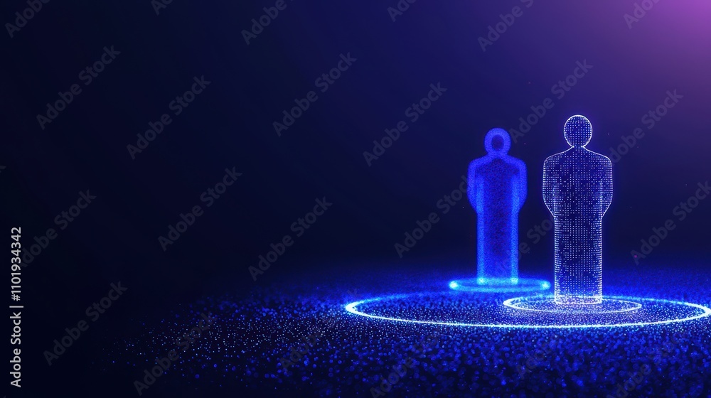 Poster futuristic ai-driven identity verification process with digital figures in a high-tech environment