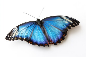 A close-up of a blue and black butterfly perched on a white surface