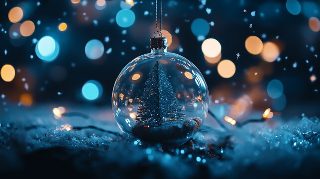 Albero di Natale dentro una pallina trasparente su sfondo natalizio. Spazio per testo o messaggio.