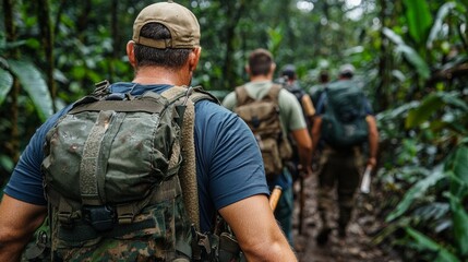 Fototapeta premium Adventurers navigating through a dense jungle, machetes in hand, stock photo style