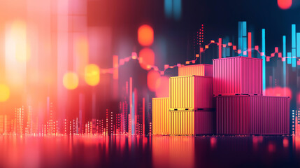Colorful shipping containers stacked against backdrop of financial graphs, illustrating global trade dynamics and impact of tariffs on international commerce