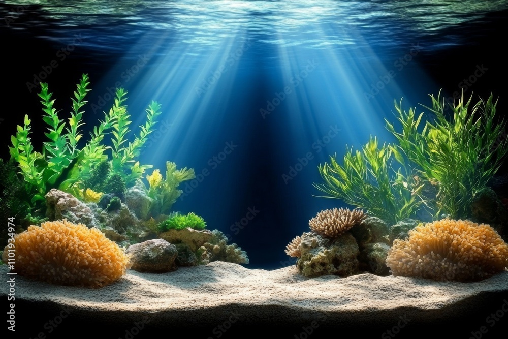 Poster a realistic underwater scene with light rays penetrating the aqua-colored water, creating a tranquil