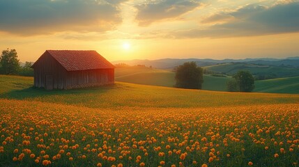 Rustic wooden barn in a vibrant orange flower field at sunset, picturesque rolling hills in the background.