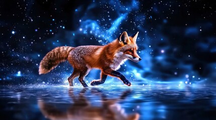 Magical Woodland Fox Glowing Amidst Celestial Sparkling Night Scene