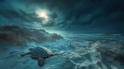 Obraz premium A serene night scene featuring a turtle on a sandy beach under a moonlit sky.