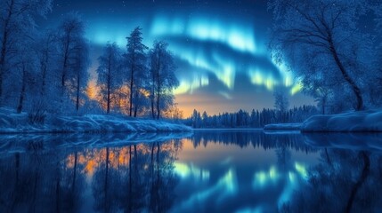 A serene winter landscape under the aurora borealis, reflecting on a calm river.