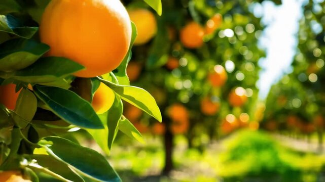 Spanish orange garden. Bunch of fresh ripe oranges hanging on a trees in orange garden